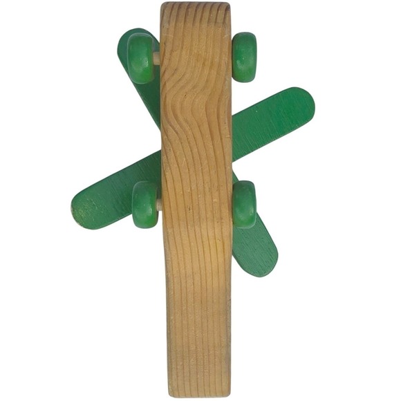 Vintage Wooden Toy Helicopter Green Blades Rolling Wheels Natural Wood no sliver - Picture 4 of 4